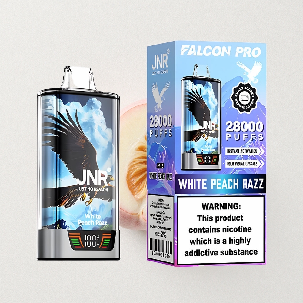 JNR Falcon Pro 28000 Disposable Vape White Peach Razz 30mL E-Liquid Capacity Dual Mesh Coil