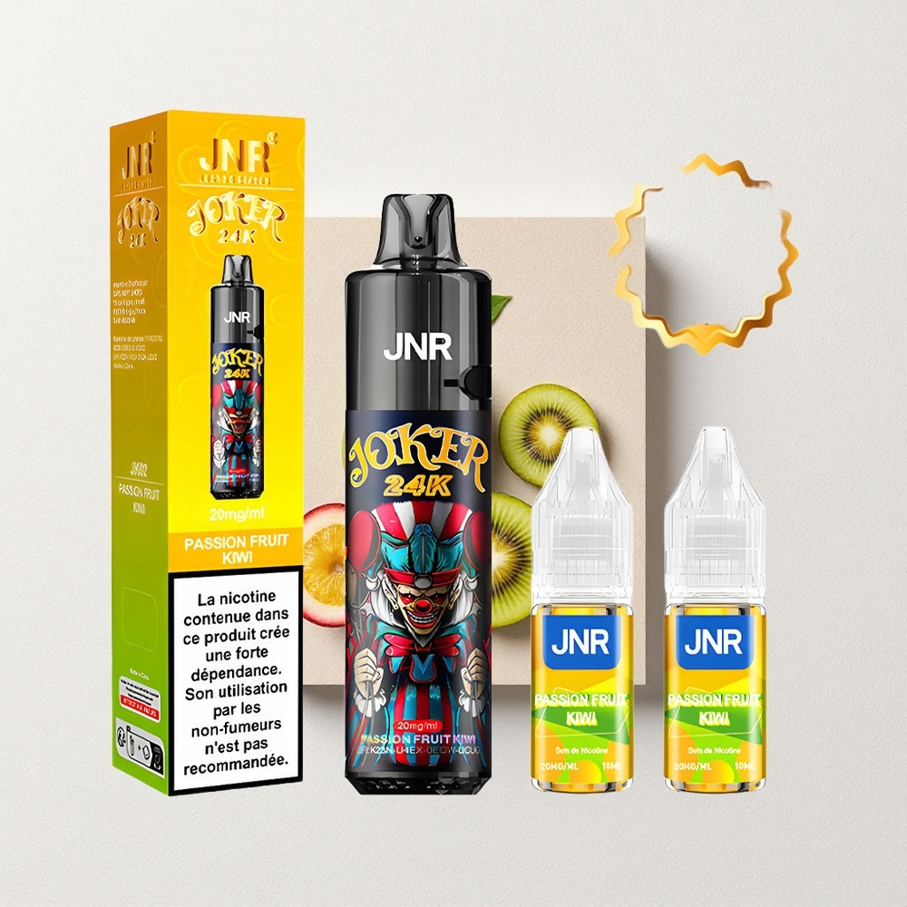 JNR Joker 24K Puffs Disposable Vape Passion Fruit Kiwi with 2+10mL E-Liquid Capacity Refillable Pod & Type-C Charging